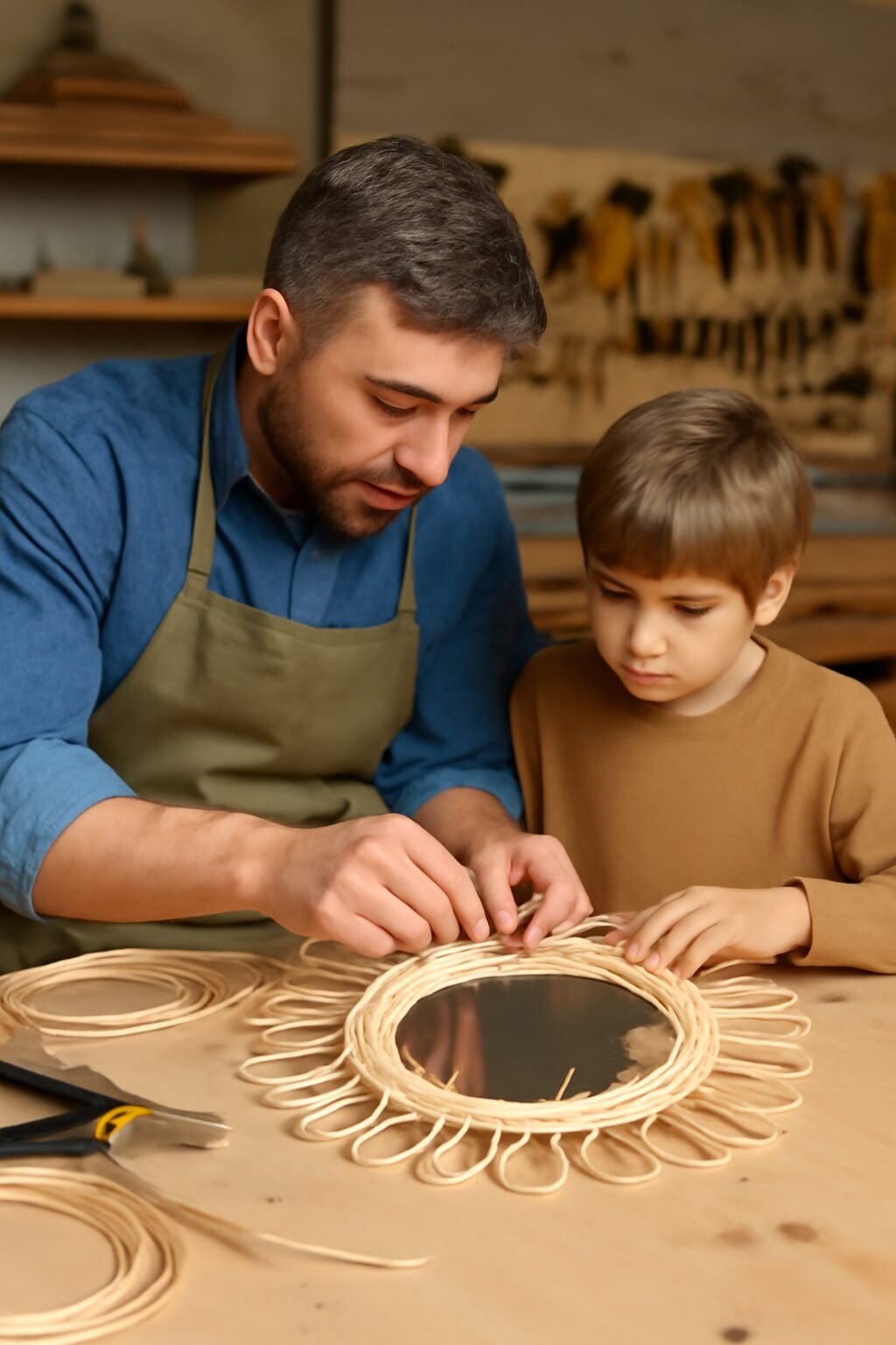 Un père et son enfant fabriquent un miroir en rotin ensemble dans un atelier