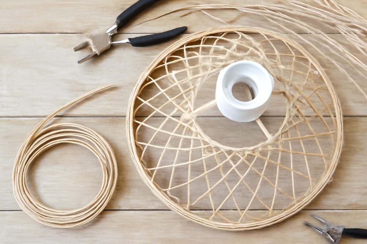 Mise en place d'un projet DIY pour créer une suspension en rotin, avec un cadre de lampe partiellement terminé, des outils tels que des pinces, du rotin, et une douille blanche.