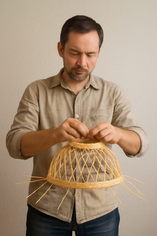Un artisan concentré, vêtu d'une chemise beige, tressant minutieusement une suspension en rotin, ses mains manipulant les brins de rotin avec une grande précision, sous une lumière naturelle douce et un fond neutre.