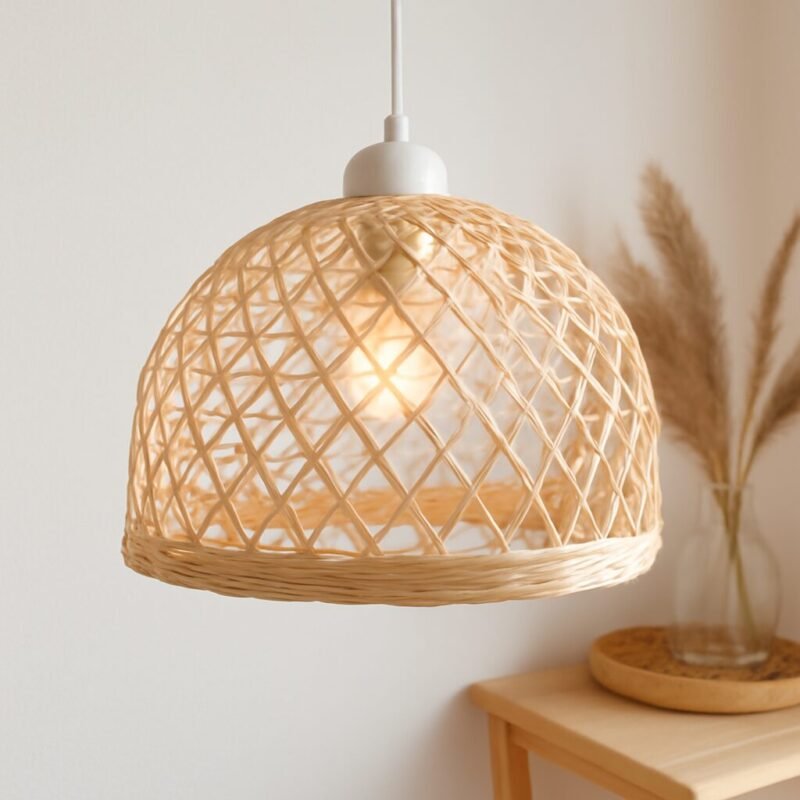 Suspension en rotin tressé suspendue au plafond, avec une lumière douce diffusée à travers sa structure complexe, créant des ombres subtiles dans la pièce.