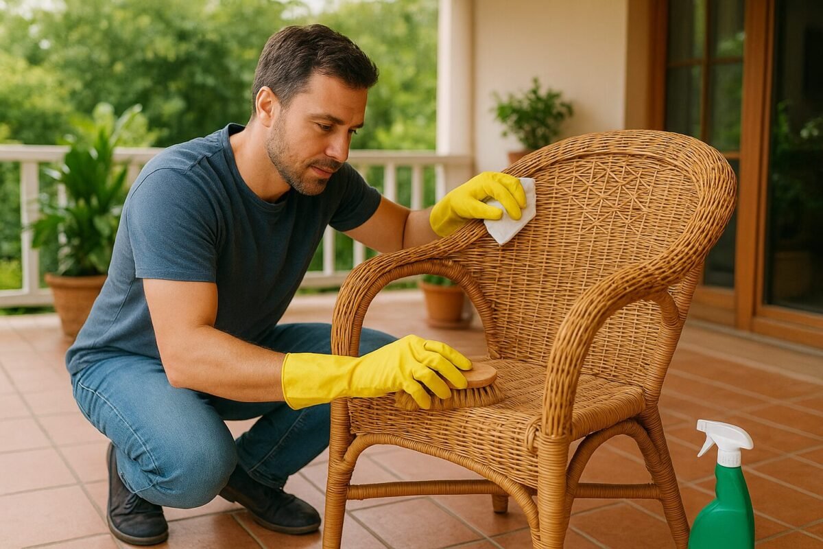 Homme avec gants de ménage nettoyant un fauteuil en rotin sur une véranda ensoleillée