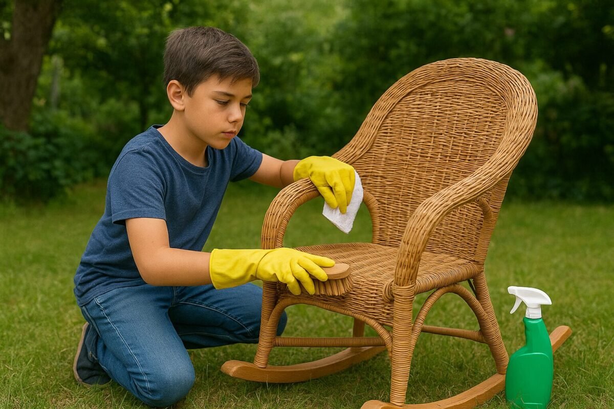 Garçon de 10 ans en gants de ménage nettoyant un fauteuil en rotin dans un jardin verdoyant