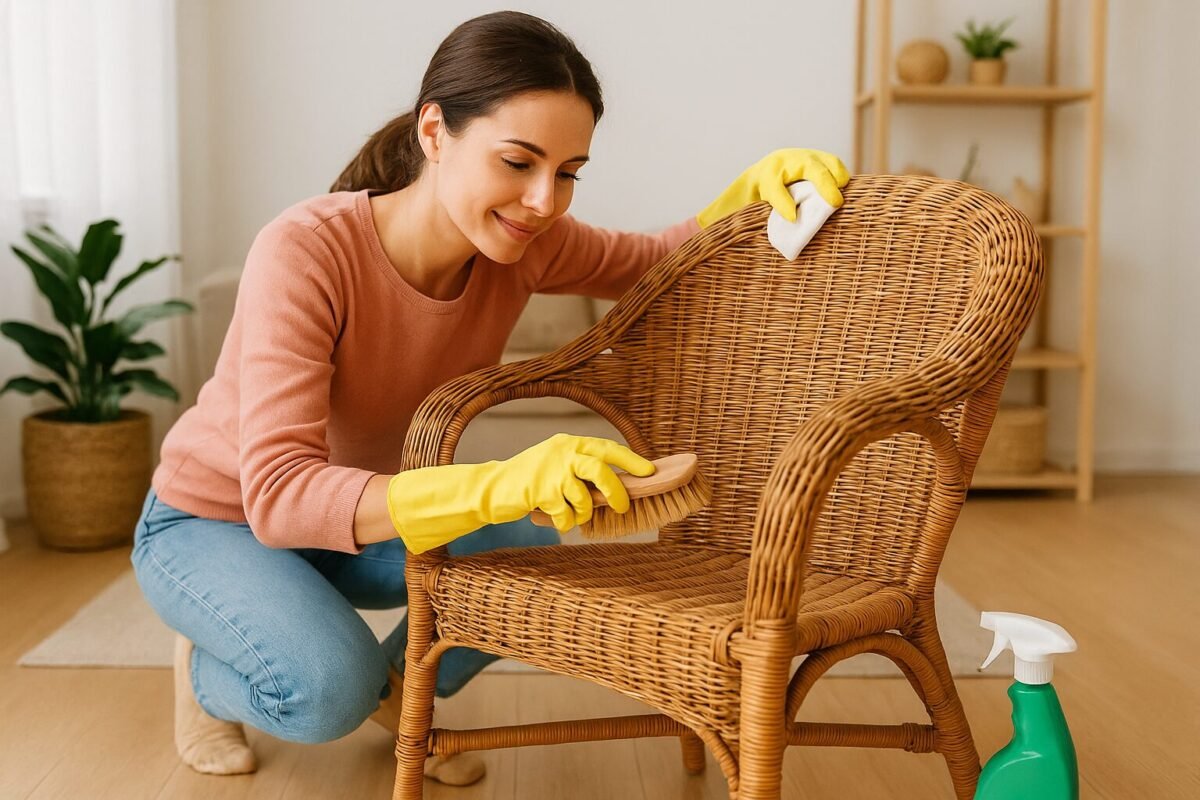 Femme en gants jaunes nettoyant un fauteuil en rotin avec une brosse dans un salon chaleureux