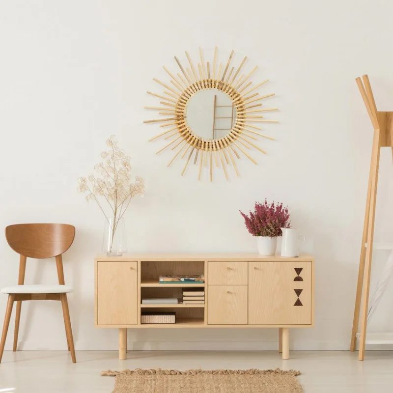 Miroir rond soleil en rotin