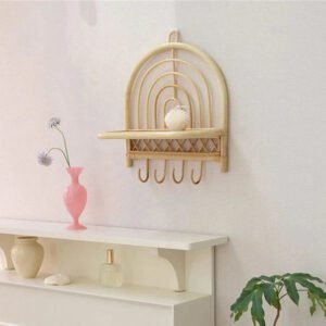 Patère En Rotin Murale Élégante Avec Petite Étagère Intégrée