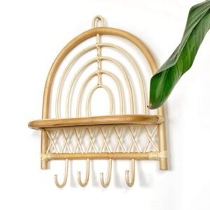 Patère En Rotin Murale Élégante Avec Petite Étagère Intégrée