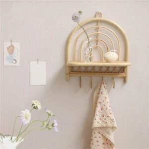 Patère En Rotin Murale Élégante Avec Petite Étagère Intégrée