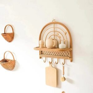 Patère En Rotin Murale Élégante Avec Petite Étagère Intégrée