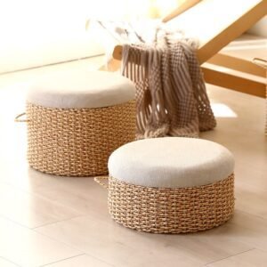 Pouf En Cordes Tressées Avec Coussin Rembourré Élégant