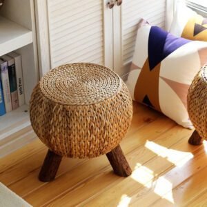 Pouf En Rotin Naturel Confortable Avec Pieds En Bois Massif