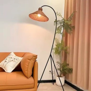 Lampadaire En Rotin Abat-Jour Chapeau Tissé Naturel Élégant 3 Lampadaire En Rotin Abat-Jour Chapeau Tissé Naturel Élégant