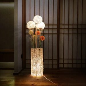 Lampadaire Fleur En Rotin Tressé Élégant Pour Salon Intérieur