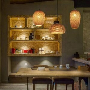 Lustre Triple Bambou Suspendu Naturel Élégant Intérieur