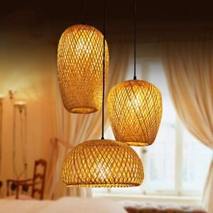 Lustre Triple Bambou Suspendu Naturel Élégant Intérieur