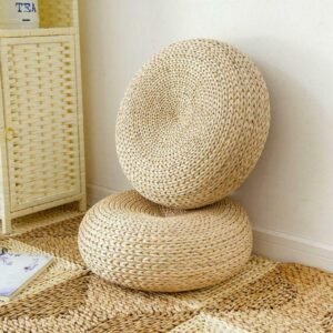 Pouf En Rotin Rond Élégant Céleste Assise Tressée Pour Salon