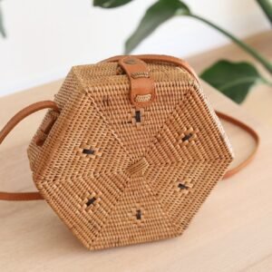 Sac Bandoulière Rotin Bali Hexagonal Élégant Naturel Chic Bohème