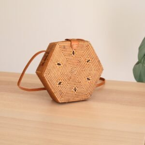 Sac Bandoulière Rotin Bali Hexagonal Élégant Naturel Chic Bohème