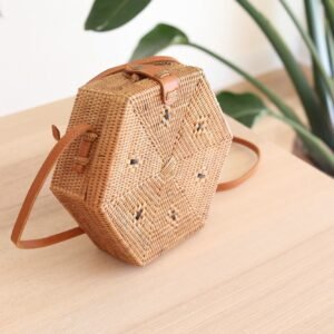 Sac Bandoulière Rotin Bali Hexagonal Élégant Naturel Chic Bohème