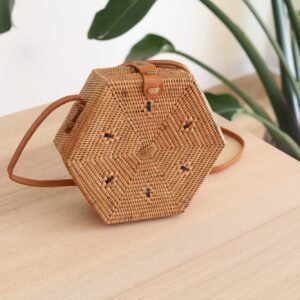 Sac Bandoulière Rotin Bali Hexagonal Élégant Naturel Chic Bohème