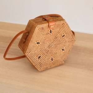 Sac Bandoulière Rotin Bali Hexagonal Élégant Naturel Chic Bohème