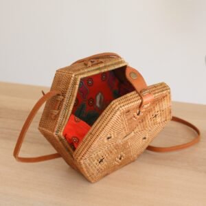 Sac Bandoulière Rotin Bali Hexagonal Élégant Naturel Chic Bohème