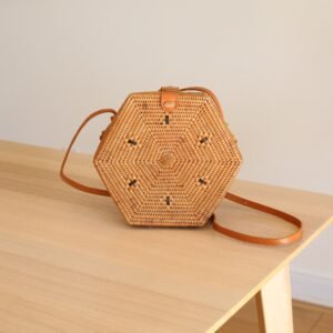 Sac Bandoulière Rotin Bali Hexagonal Élégant Naturel Chic Bohème