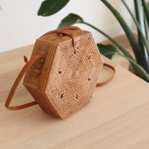 Sac Bandoulière Rotin Bali Hexagonal Élégant Naturel Chic Bohème