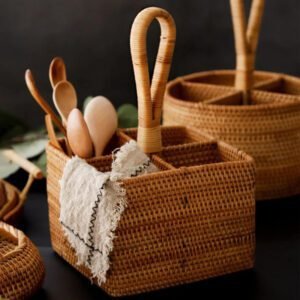 Panier À Couverts En Rotin Tressé Naturel Compact Pratique