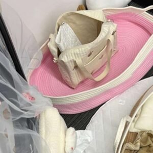 Couffin Rotin Synthétique Rose Et Blanc Compact Pour Bébé