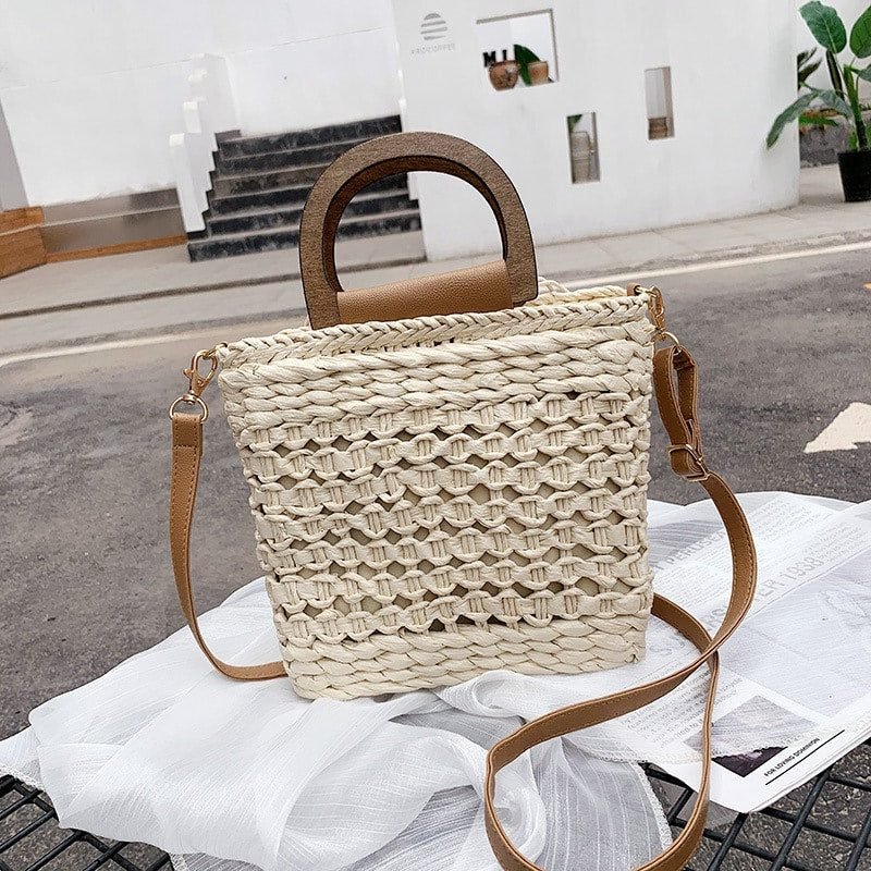 Sac À Bandoulière Tissé Rétro Élégant Pour Femmes Anse En Bois 3 Sac À Bandoulière Tissé Rétro Élégant Pour Femmes Anse En Bois