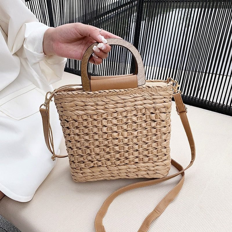 Sac À Bandoulière Tissé Rétro Élégant Pour Femmes Anse En Bois 2 Sac À Bandoulière Tissé Rétro Élégant Pour Femmes Anse En Bois