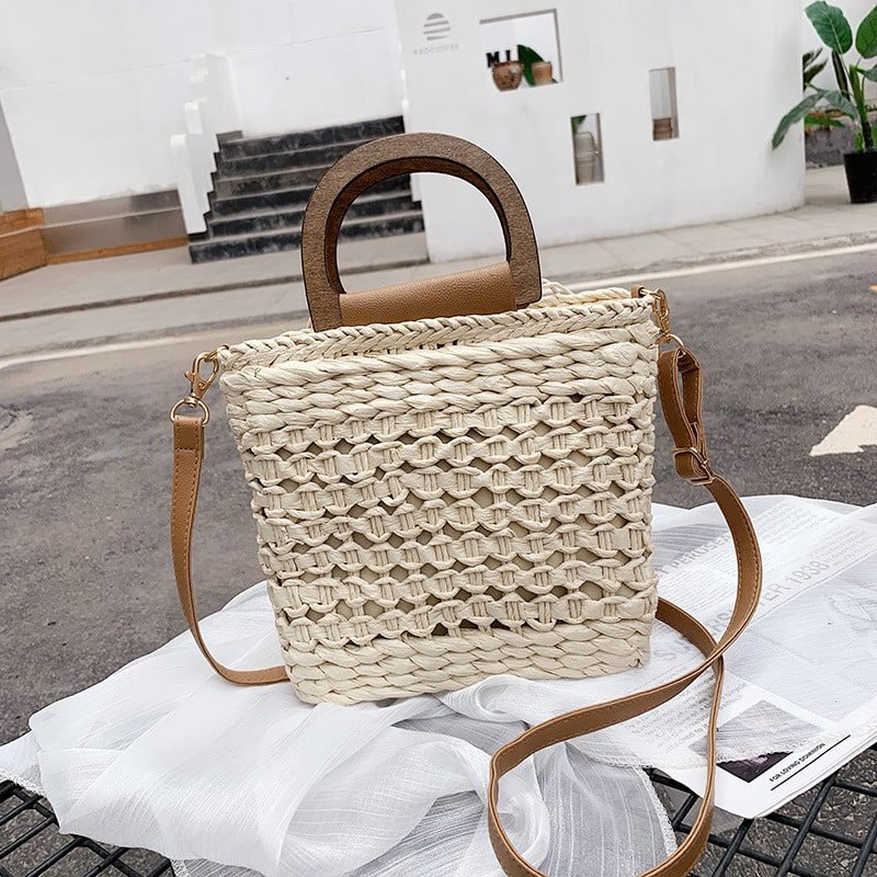 Sac À Bandoulière Tissé Rétro Élégant Pour Femmes Anse En Bois 1 Sac À Bandoulière Tissé Rétro Élégant Pour Femmes Anse En Bois