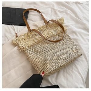 Sac A Bandouliere Tresse En Paille Blanche Avec Franges De Grande Capacite Pour Femmes.jpg