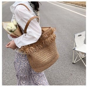 Sac À Bandoulière Tressé En Paille Marron À Franges Grand Modèle