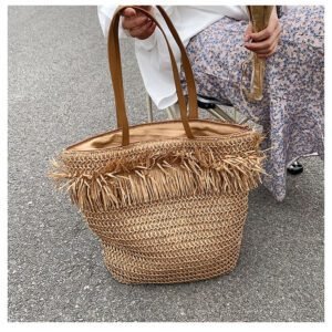Sac À Bandoulière Tressé En Paille Marron À Franges Grand Modèle