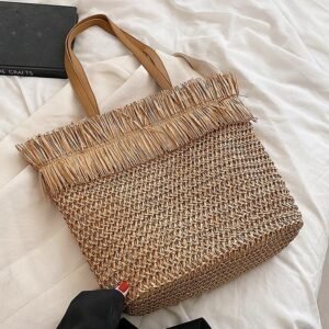 Sac À Bandoulière Tressé En Paille Marron À Franges Grand Modèle