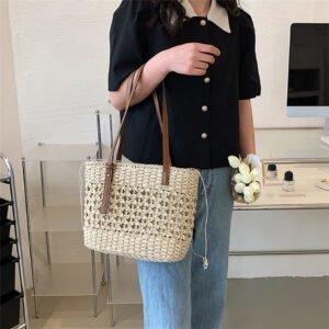 Sac À Main Beige En Paille Style Plage Bohème Pour Femme