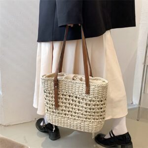 Sac À Main Beige En Paille Style Plage Bohème Pour Femme