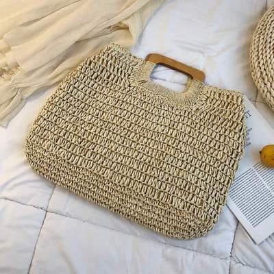 Sac À Main Fourre-Tout En Paille Tissée Avec Anses En Bois Femme 6 Sac À Main Fourre-Tout En Paille Tissée Avec Anses En Bois Femme