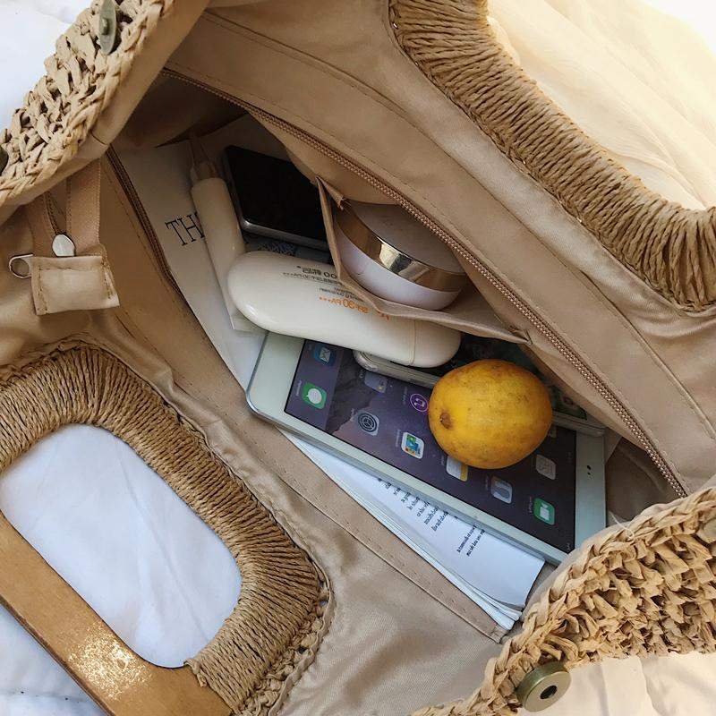 Sac À Main Fourre-Tout En Paille Tissée Avec Anses En Bois Femme 4 Sac À Main Fourre-Tout En Paille Tissée Avec Anses En Bois Femme