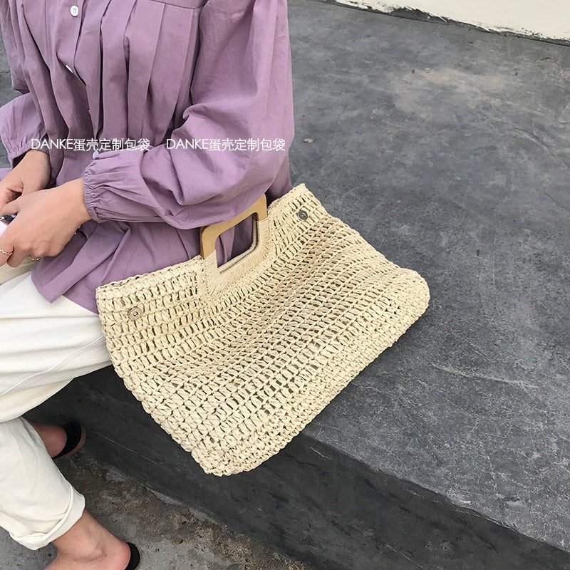 Sac À Main Fourre-Tout En Paille Tissée Avec Anses En Bois Femme 3 Sac À Main Fourre-Tout En Paille Tissée Avec Anses En Bois Femme