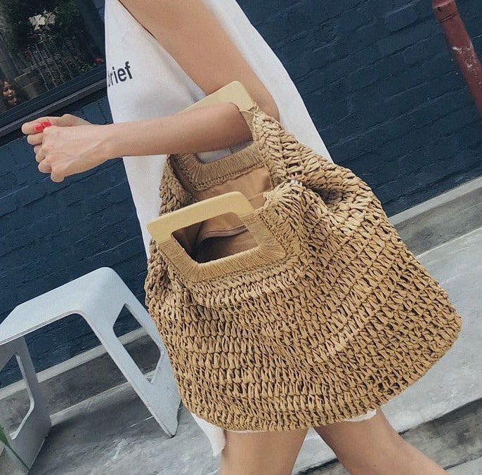 Sac À Main Fourre-Tout En Paille Tissée Avec Anses En Bois Femme 1 Sac À Main Fourre-Tout En Paille Tissée Avec Anses En Bois Femme