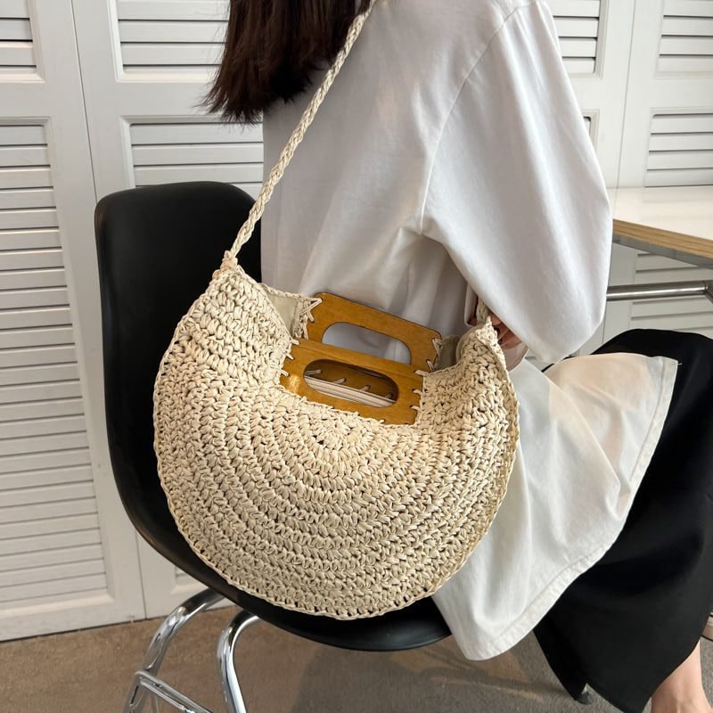 Sac À Main Rotin Poignée En Bois Élégant Pour Femme Style Bohème 7 Sac À Main Rotin Tressé Poignée Bois Élégante Pour Femmes Chic - Beige