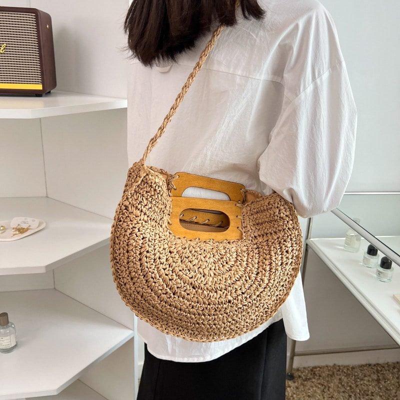 Sac À Main Rotin Poignée En Bois Élégant Pour Femme Style Bohème 8 Sac À Main Rotin Tressé Poignée Bois Élégante Pour Femmes Chic - Marron