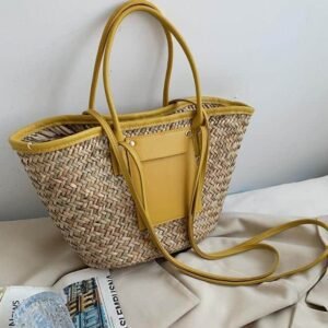 Sac D Ete En Paille De Grande Capacite Fait A La Main Jaune Pour Femmes.jpg