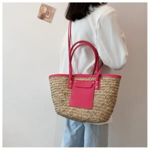 Sac D'Été En Paille Rose Artisanal Grande Capacité Pour Femme 7 Sac D'Été En Paille Rose Artisanal Grande Capacité Pour Femme