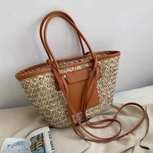 Sac D'Été Femme En Paille Fait Main Grande Capacité Marron Chic