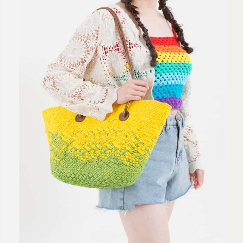 Sac Fourre-Tout Paille Tissée Jaune Et Verte Style Bohème Élégant 1 Sac Fourre-Tout Paille Tissée Jaune Et Verte Style Bohème Élégant