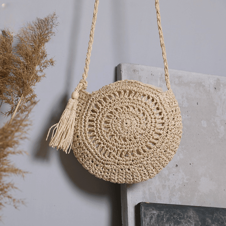 Sac Rond En Paille Souple Pour Femme Bohème À Anse Tressée 3 Sac Rond En Paille Souple Pour Femme Bohème À Anse Tressée