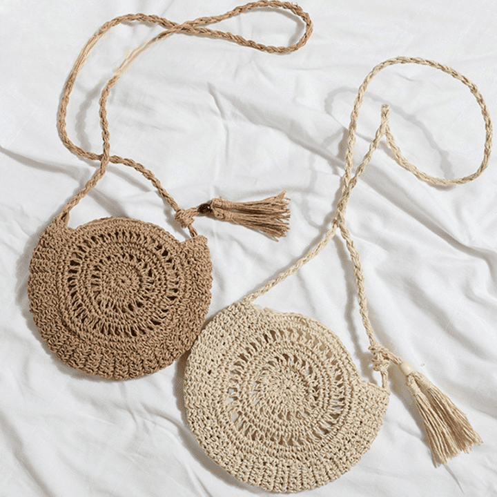 Sac Rond En Paille Souple Pour Femme Bohème À Anse Tressée 1 Sac Rond En Paille Souple Pour Femme Bohème À Anse Tressée